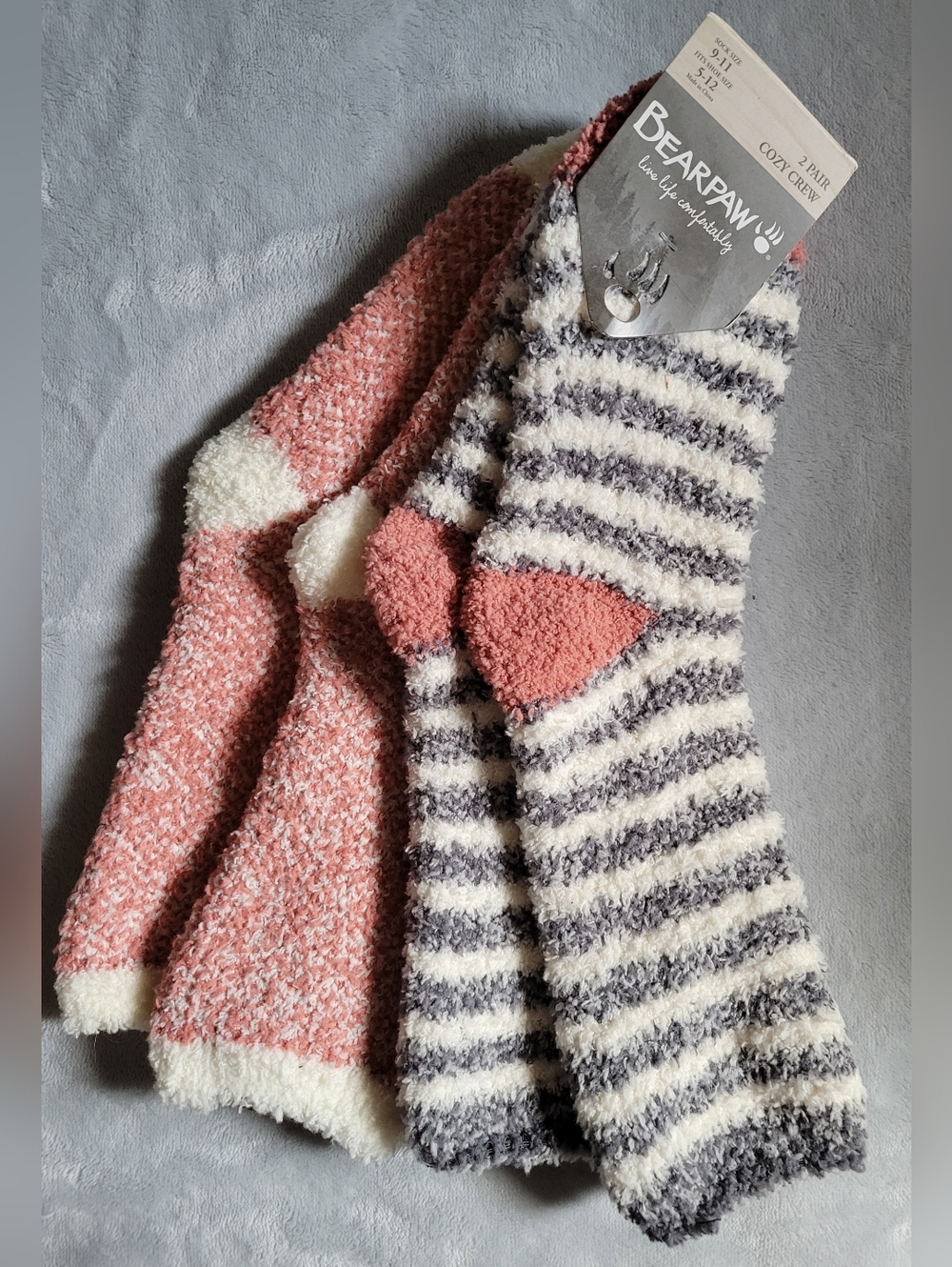 BearPaw | Cozy Plush Crew Socks - Pink, Cream & Gray Stripes